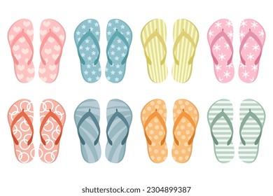 A set of colorful rubber flip flops in different colors. Illustration of summer shoes, top view of slippers. Pool shoes. Flat design. Icons, vector