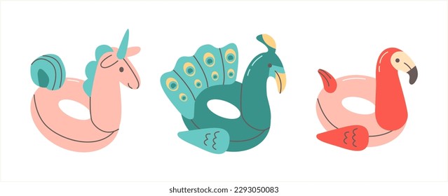 Conjunto de coloridos anillos de goma inflables modernos y elegantes para niños y adultos. Flamingo, pavo real, unicornio.