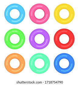 Set of colorful rubber swimming rings. Life saving floating lifebuoy for beach or ship. Water and beach monochromatic rubber toys.