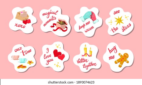 Set of colorful Saint Valentine's Day stickers for lovers, in white clouds, special romantic hand lettering phrases, messages, symbols - hearts, candles, sweets, mittens, card, stars, gift present box