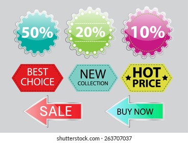 Set of colorful sale banners in different shapes in transparent speech bubble.