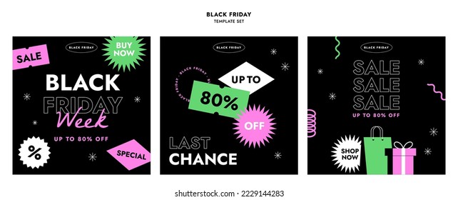 Set of colorful sale banners. Minimalistic abstract design for web banner, social media, ad, promo poster. Black friday business offer template set. Cool label patch. Trendy flat vector illustration.