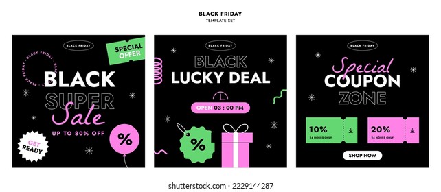 Set of colorful sale banners. Minimalistic abstract design for web banner, social media, ad, promo poster. Black friday business offer template set. Cool label patch. Trendy flat vector illustration.