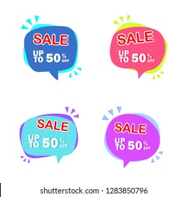 Set of colorful sale icon banners in different shapes. shop product tags. 50% off discount sticker vector. 