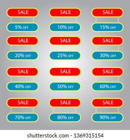 Set of colorful sale icon banners. Shop product tags. 5% 10% 15% 20% 25% 30% 40% 50% 60% 70% 80% 90% off discount sticker vector. Modern design.