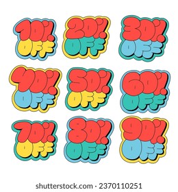 Set of colorful sale stickers in different comics style shapes. Retro shop product tags. 5 percent, 10, 20, 30, 40, 50, 60, 70, 80, 90, off discount sticker vector collection.
