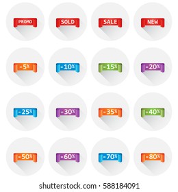Set of colorful sale tag labels. Discount up to 5 - 80 percent. Shopping vector illustration on white background with long shadow.