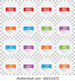 Set of colorful sale tag labels. Discount up to 5 - 80 percent. Shopping vector illustration on isolated background with long shadow.