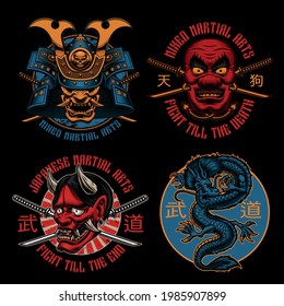 Un conjunto de insignias coloridas de temática samurai, estas ilustraciones se pueden usar como impresiones de camisetas, traducción de caracteres japoneses en el nombre de la capa de archivo