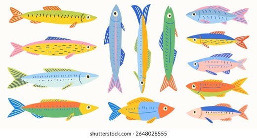 Set of colorful sardines and fishes. Stickers for fish products in a bright doodle style. Perfect for packaging, prints and summer illustrations. 