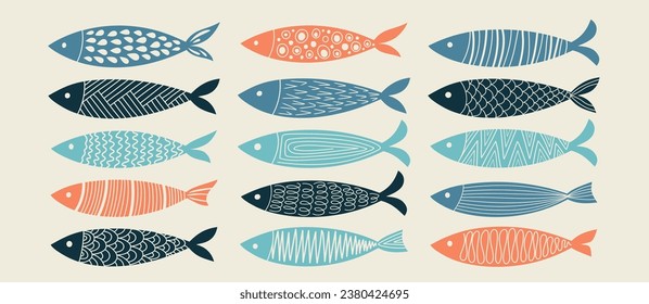 Set of colorful sardines. Vector hand drawn illustration.