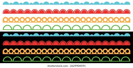 Set of colorful Scalloped Border. cute Vector Trim Elements for Craft and Scrapbooking Design isolated on black and white background.