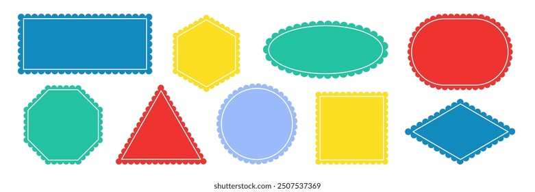 Set von farbenfrohen Rahmen. Geometrische spielerische Formen Aufkleber mit welligen kurvigen Rand für Kinder. Tag Label Stamp Box-Element. Rechteck Oval Quadratisches Dreieck rhombus Rahmen für Design