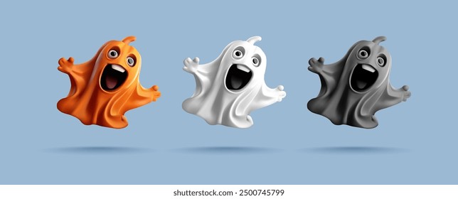 Un conjunto de fantasmas de miedo de colores, 3D. Asustan a Divertido, personaje de dibujos animados para Halloween, fantasmas voladores. Ilustración vectorial.