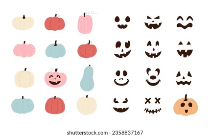Set of colorful scary and smiling pumpkins and face characters icons. You can choose any pumpkin and face to create your own design.