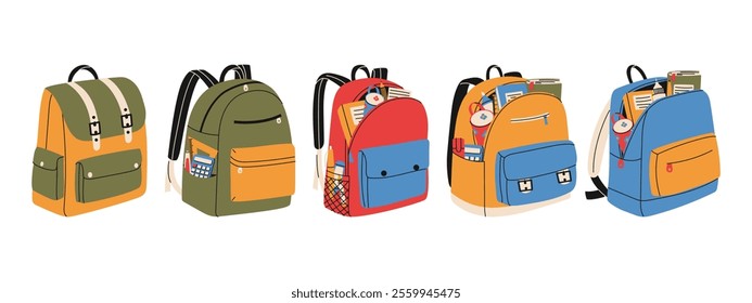 Set of colorful school bags. Backpacks with study supplies. Pencil case, books, marker, ruler, pen, pencil. Back to school concept.