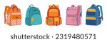 Set of colorful school bags different shapes. Collection of backpack for children. Hand drawn vector vector illustration isolated on white background. Modern flat cartoon style.