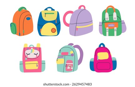 Set of colorful school bags different shapes. Collection of backpack for children. Hand drawn vector vector illustration isolated on white background. Modern flat cartoon style.