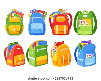 Set Of Colorful School Bags With Tools, Supplies, Notebooks, And Pencil Cases. Isolated Icons Perfect For Advertising