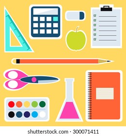 Set of colorful school items. School studying icons. Sticker style.