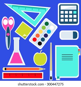 Set of colorful school items. School studying icons. Sticker style.