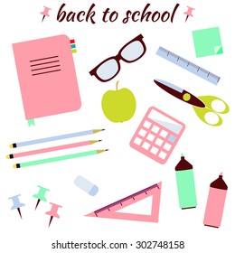 Set of colorful school items. School studying icons. Sticker style.