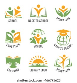 Set of colorful school logos flat isolated green and orange vector illustration