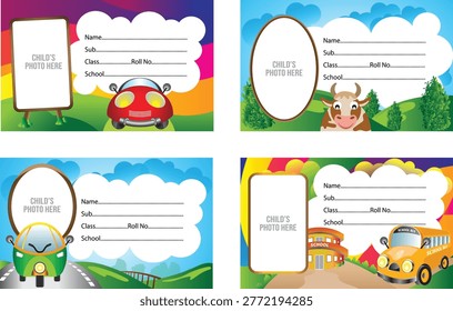 Set of colorful school name slips with cute cartoon vehicles and animals
