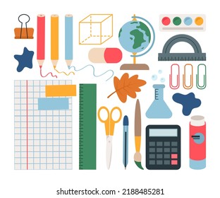 Set of colorful school and office stationery. A globe, pencils, paints, a sheet in a cage, a calculator, scissors, glue. Vector isolated illustration for design or decoration.