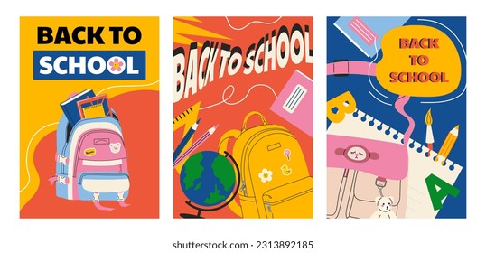 Set of colorful school posters. Backpacks and school supplies, textbook, pencil and globe. Education, learning and training. Knowledge Day. Cartoon flat vector collection isolated on white background