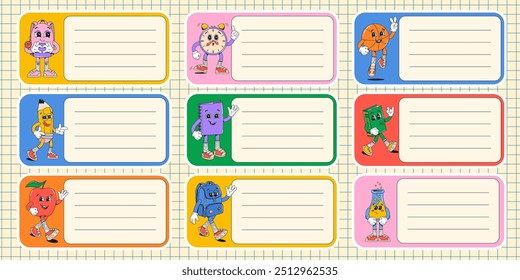 Set colorful school stickers for notebook with various retro groovy characters in gloves. Flat vector style.