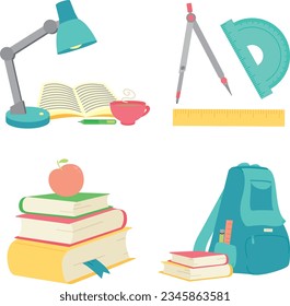 Set of colorful school supplies and elements. Back to school theme design vector illustration. 