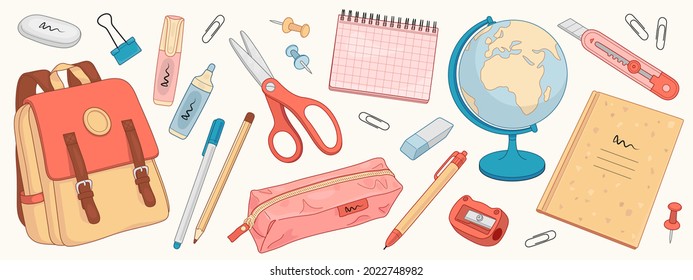 Set of colorful school supplies isolated on background. Vector illustration