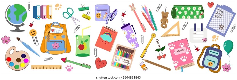 SET of Colorful school supplies and stationery items including backpacks, notebooks, pencils, art tools, cute accessories on a white background. Perfect for BACK TO SCHOOL or education themed designs.