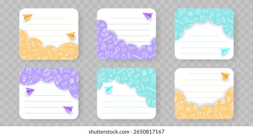 Conjunto de rótulos coloridos com temas escolares com bordas padrão de rabiscar, planos de papel realistas e espaço forrado para texto. Modelos educacionais desenhados à mão para notebook, adesivos, planejadores, etiquetas para crianças etc. 