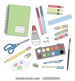 Set of colorful school writing tools. Implements of fine art. Realistic hand drawn illustration vector,