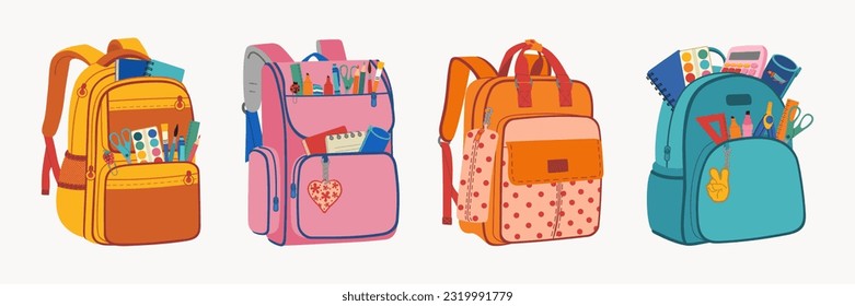 Set of colorful schoolbags with stationery. Backpacks with pockets, zippers and straps. Hand drawn vector illustration isolated on white background, modern flat cartoon style.