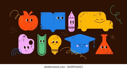 Set of colorful school-related icons including apple, book, pencil, school bus, and lab flask in flat style. Hand drawn vector icons set on blackboard background