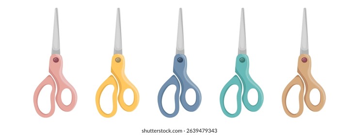 Set of colorful scissors for paper or sewing. Pink, blue, green, yellow and beige. Vector isolated images of sewing or paper craft supplies. For educational materials projects and Back to school theme