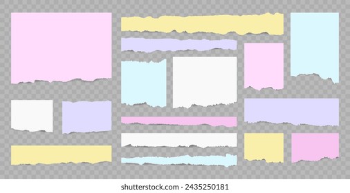 Set of colorful scrapbook torn note paper pieces, memo sheets or notebook shred. Paper scraps with torn edges vector illustration. Design for social media, banner, poster