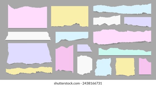 Conjunto de piezas de papel de notas rotas de scrapbook colorido, hojas de notas o cuaderno de triturar. Desechos de papel con bordes rasgados ilustración vectorial. Diseño para redes sociales, banner, póster