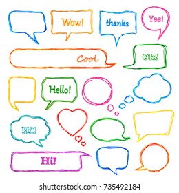  Set of colorful scribbled comic speech bubbles with hand drawn doodle style. Vector talk and thought sketch bubbles.