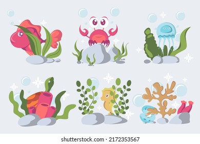 set of colorful Sea creature under ocean with fish, crab, sea horse, and Coral reef or seaweeds underwater plants in cartoon style vector