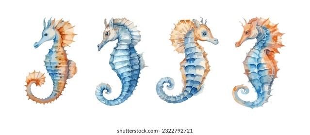 Conjunto de coloridas acuarelas de caballos de mar aisladas sobre fondo blanco. Ilustración del vector