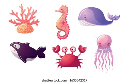 Set of colorful sea and ocean creatures. Vector illustration in flat cartoon style.