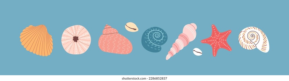 Conjunto de coloridas conchas marinas, brillantes en un fondo azul. Ilustración vectorial dibujada a mano. Estilo de caricatura plano. Colección de vacaciones de verano, conchas tropicales de playa.