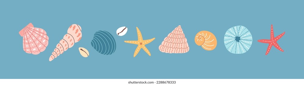 Set of colorful sea shell, starfishes on a blue background. Hand drawn vector illustration. Flat cartoon style. Summer vacation collection, tropical beach shells.