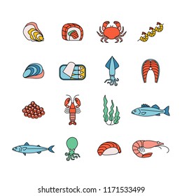 set of colorful seafood icons