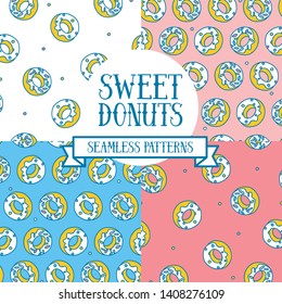 Set of colorful seamless backgrounds with cute doodle donuts, can be used for bakery, vector illustration