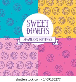 Set of colorful seamless backgrounds with cute doodle donuts, can be used for bakery, vector illustration